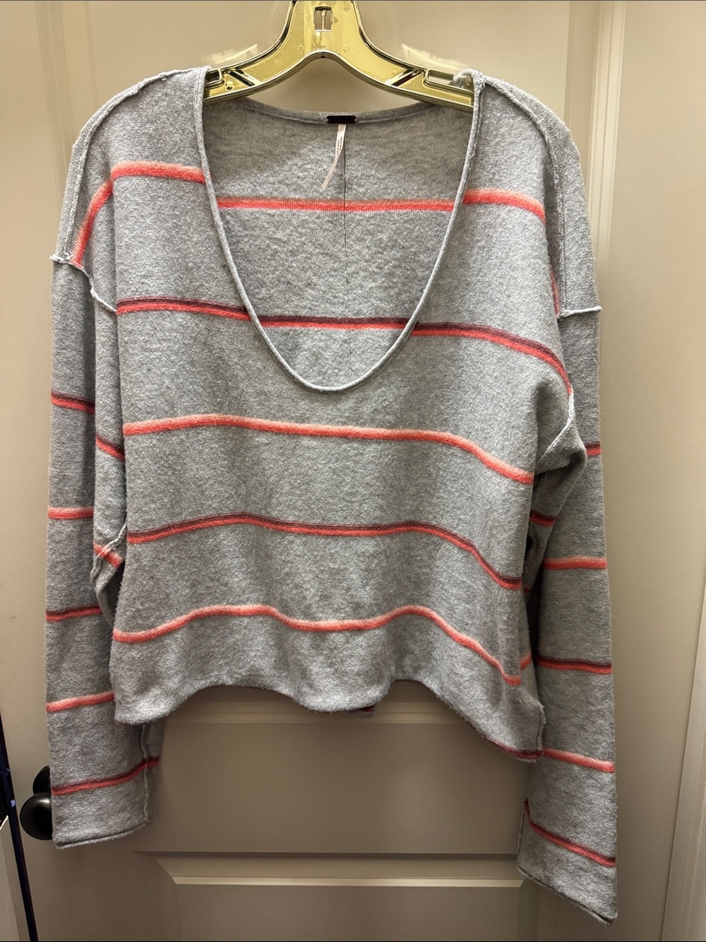 Free People Gray V-Neck Sweater with Coral Stripes